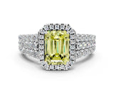 White gold Fancy Yellow Emerald Cut Halo Pavé Diamond Engagement Ring with Split Shank and Four-Prong Setting_3