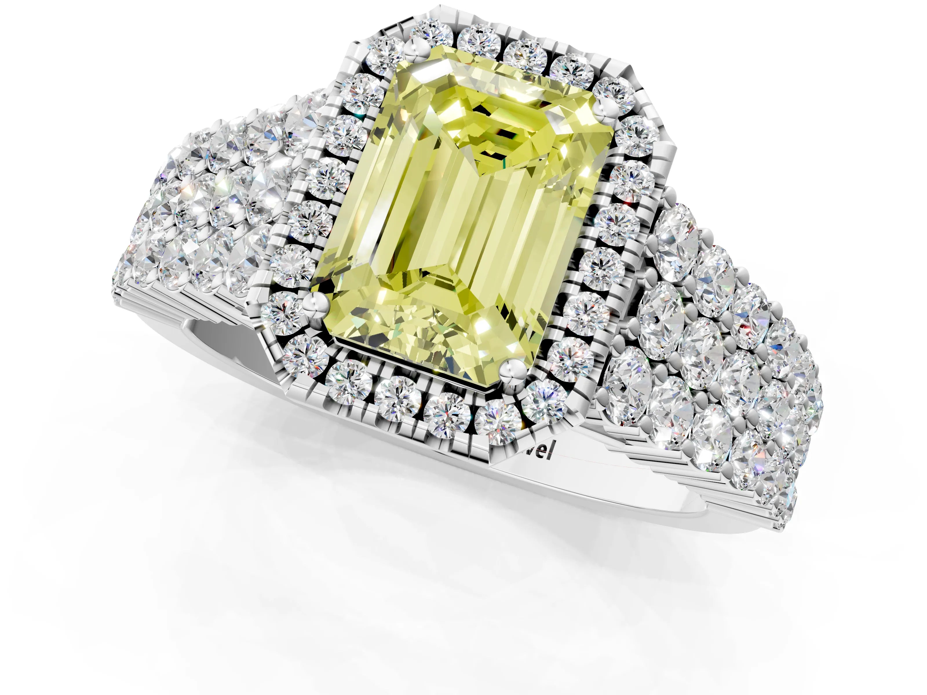 White gold Fancy Yellow Emerald Cut Halo Pavé Diamond Engagement Ring with Split Shank and Four-Prong Setting_4