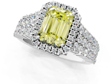 White gold Fancy Yellow Emerald Cut Halo Pavé Diamond Engagement Ring with Split Shank and Four-Prong Setting_4