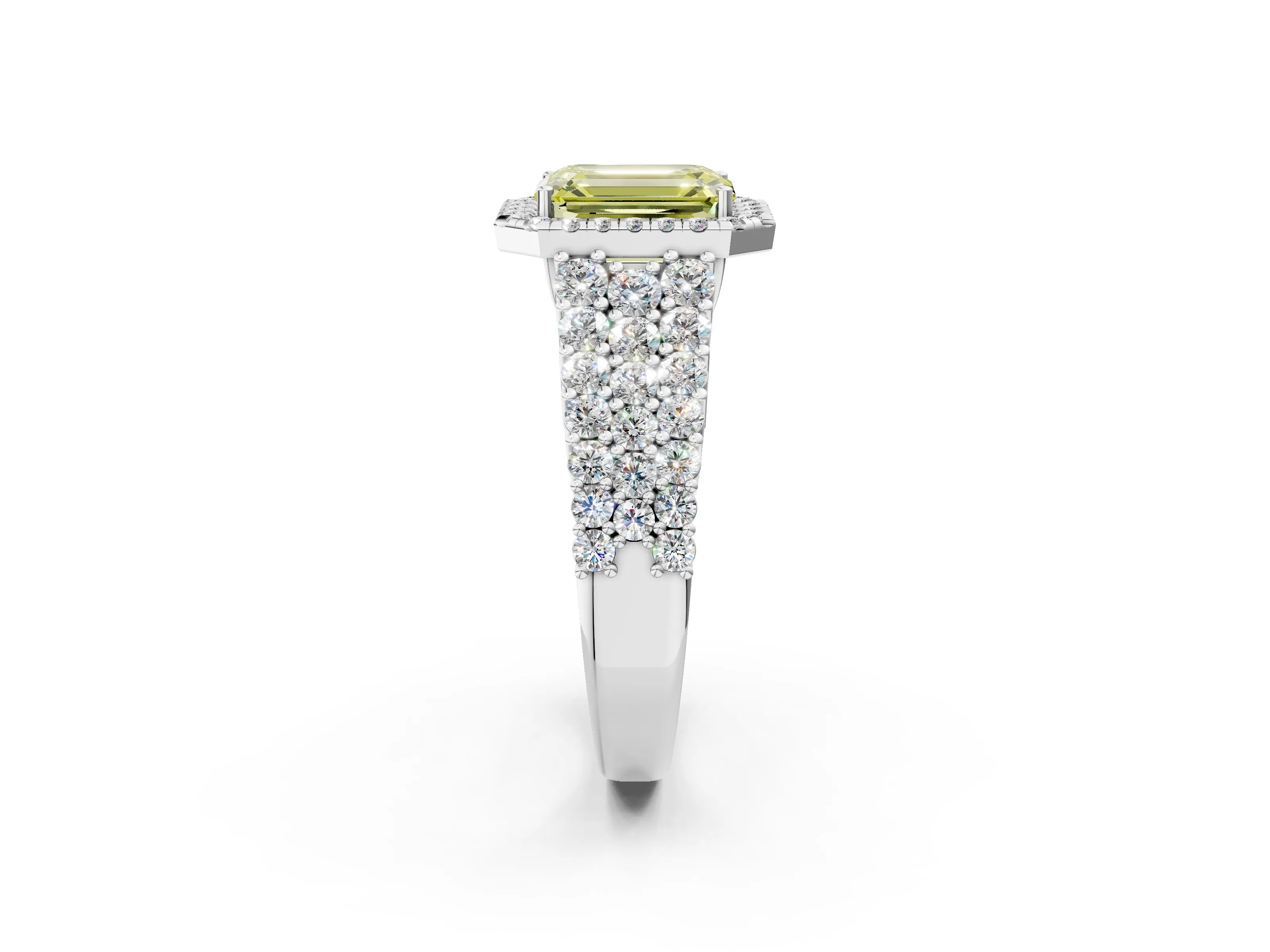 White gold Fancy Yellow Emerald Cut Halo Pavé Diamond Engagement Ring with Split Shank and Four-Prong Setting_5
