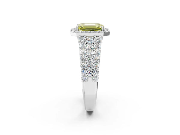 White gold Fancy Yellow Emerald Cut Halo Pavé Diamond Engagement Ring with Split Shank and Four-Prong Setting