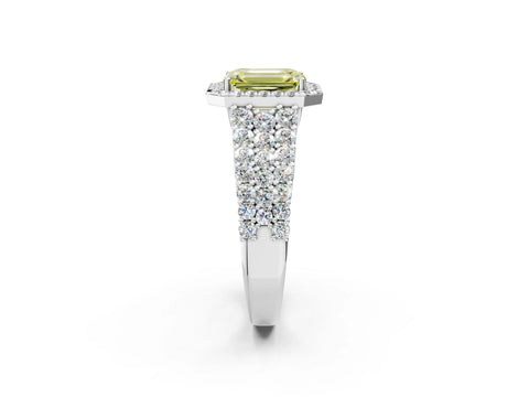 White gold Fancy Yellow Emerald Cut Halo Pavé Diamond Engagement Ring with Split Shank and Four-Prong Setting_5
