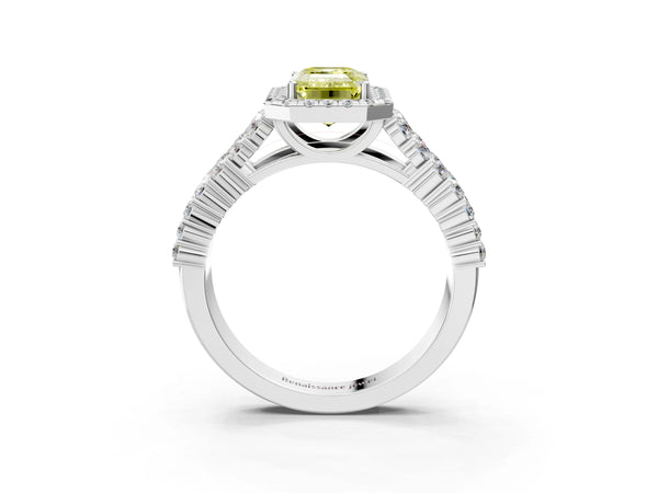 White gold Fancy Yellow Emerald Cut Halo Pavé Diamond Engagement Ring with Split Shank and Four-Prong Setting