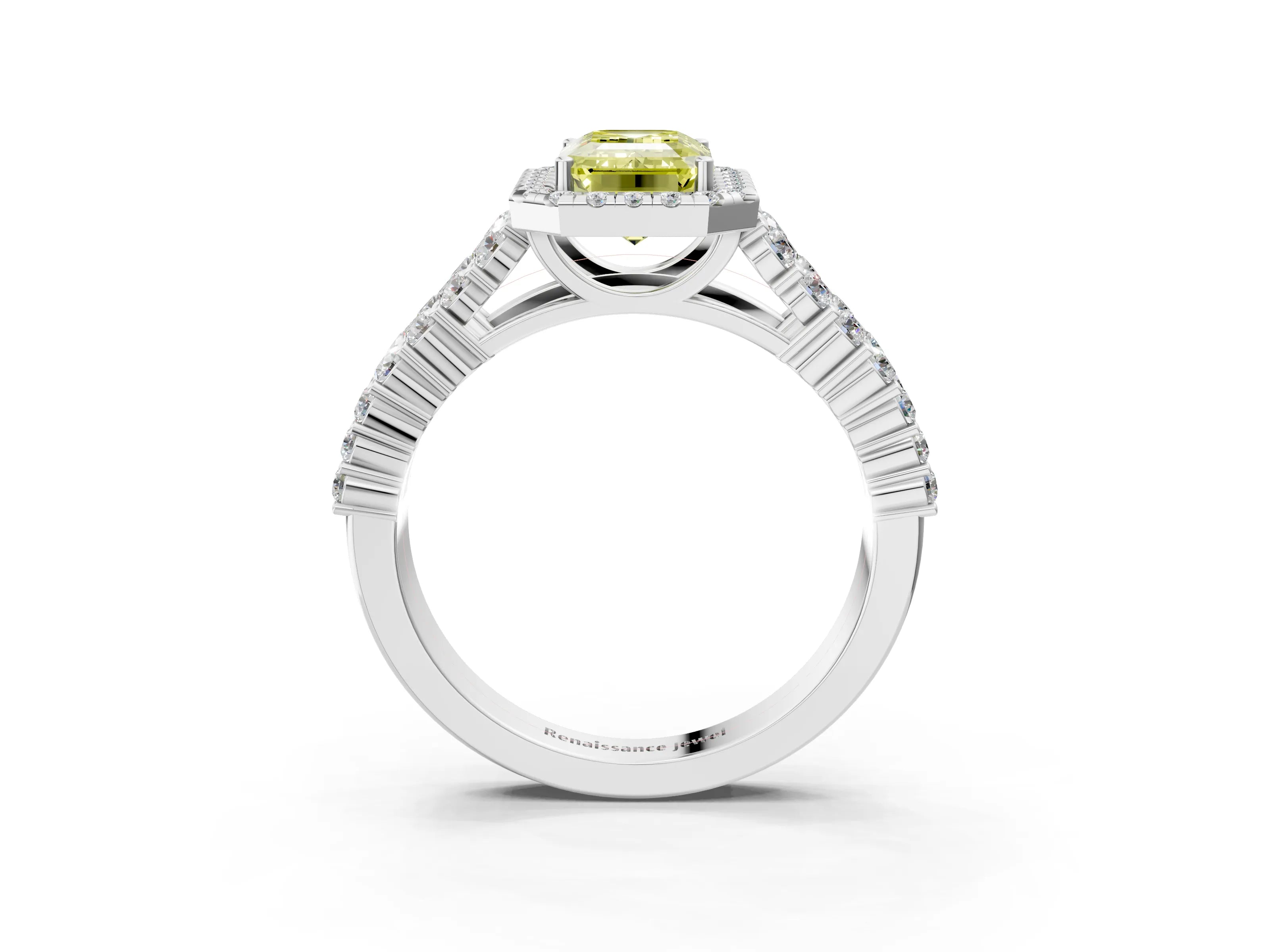 White gold Fancy Yellow Emerald Cut Halo Pavé Diamond Engagement Ring with Split Shank and Four-Prong Setting_6