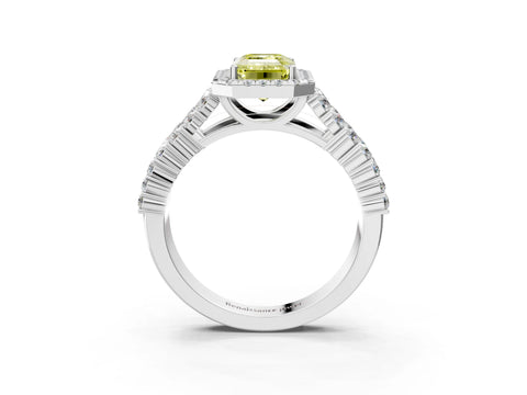 White gold Fancy Yellow Emerald Cut Halo Pavé Diamond Engagement Ring with Split Shank and Four-Prong Setting_6