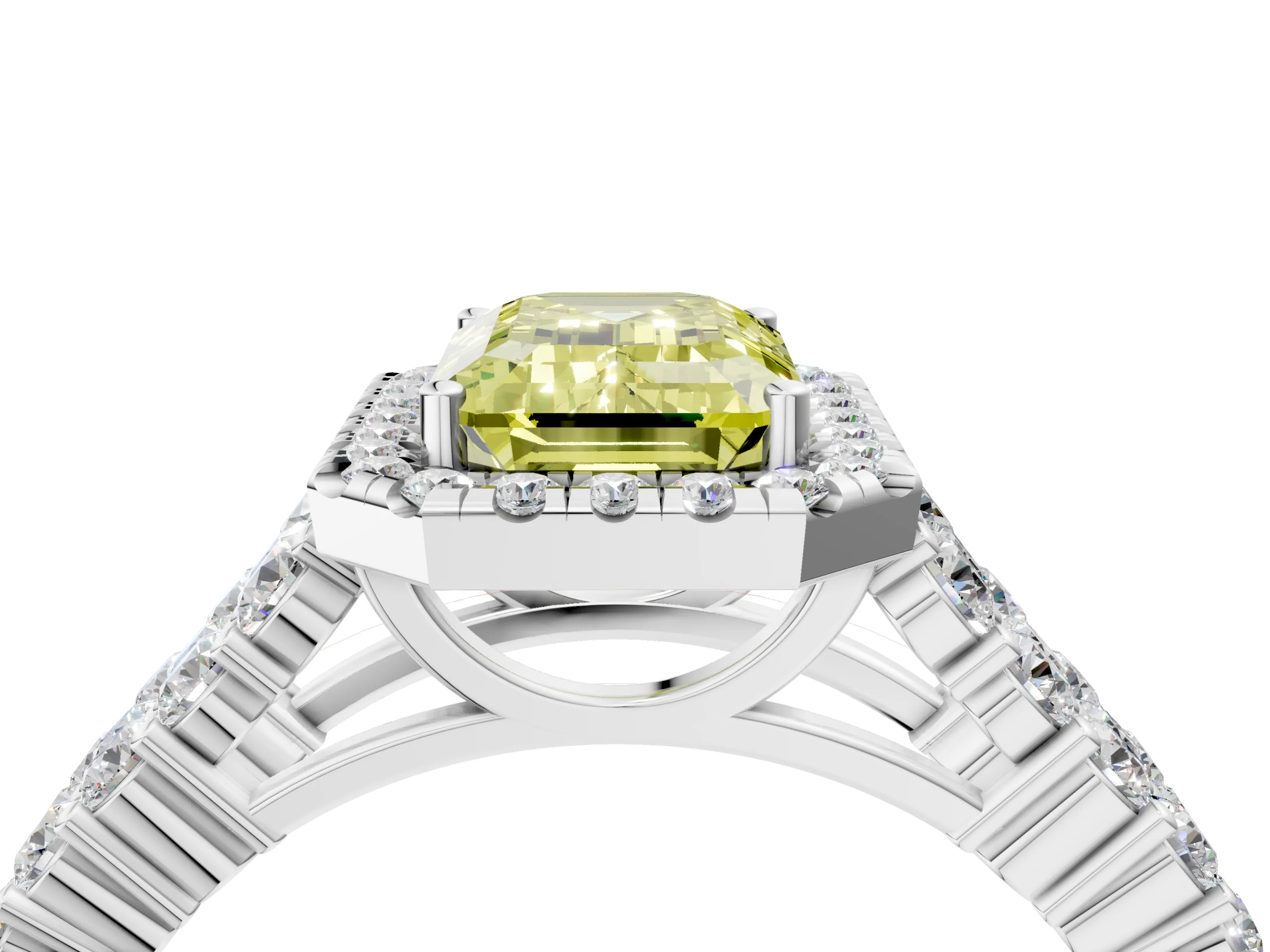 White gold Fancy Yellow Emerald Cut Halo Pavé Diamond Engagement Ring with Split Shank and Four-Prong Setting_7