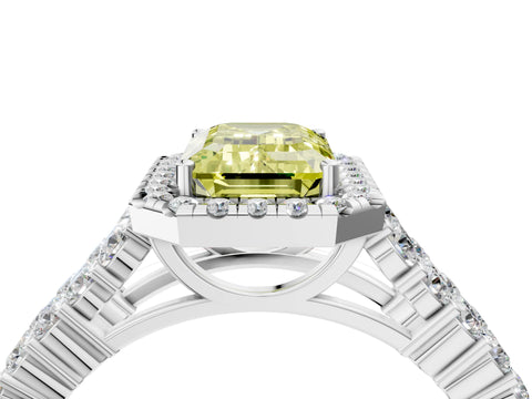 White gold Fancy Yellow Emerald Cut Halo Pavé Diamond Engagement Ring with Split Shank and Four-Prong Setting_7
