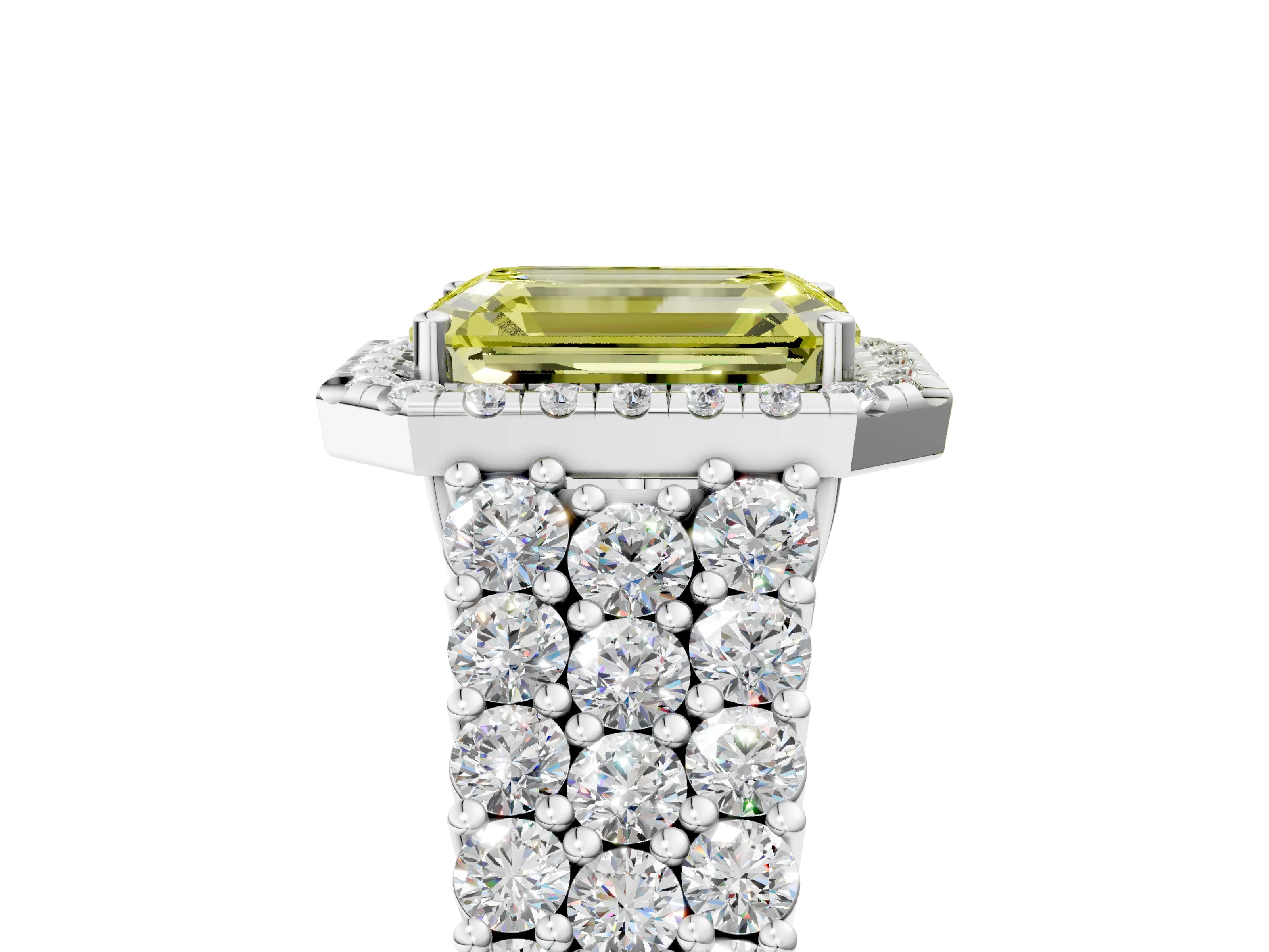 White gold Fancy Yellow Emerald Cut Halo Pavé Diamond Engagement Ring with Split Shank and Four-Prong Setting_8