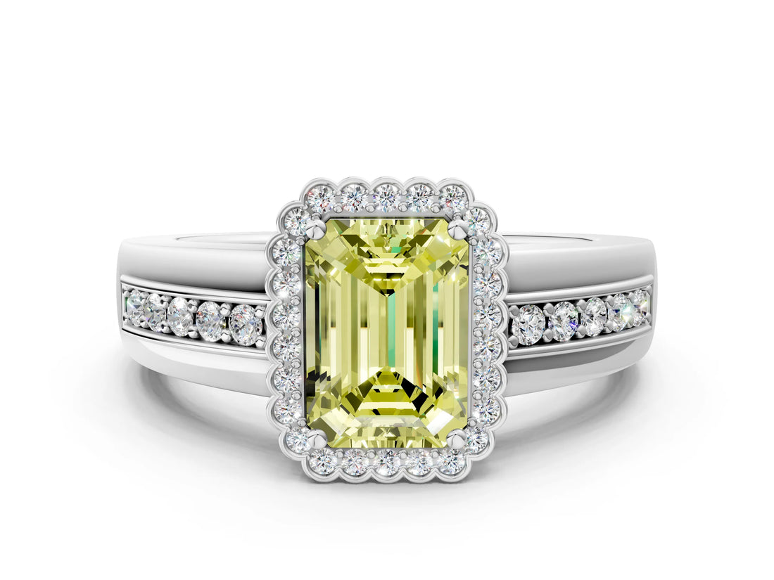 White gold Fancy Yellow Emerald  Cut Halo Pave Band Four-Prong Ring_49