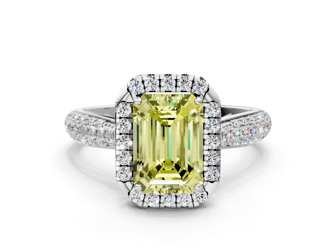 White gold Fancy Yellow Emerald  Cut Halo Pave Band Four-Prong Setting Ring_37