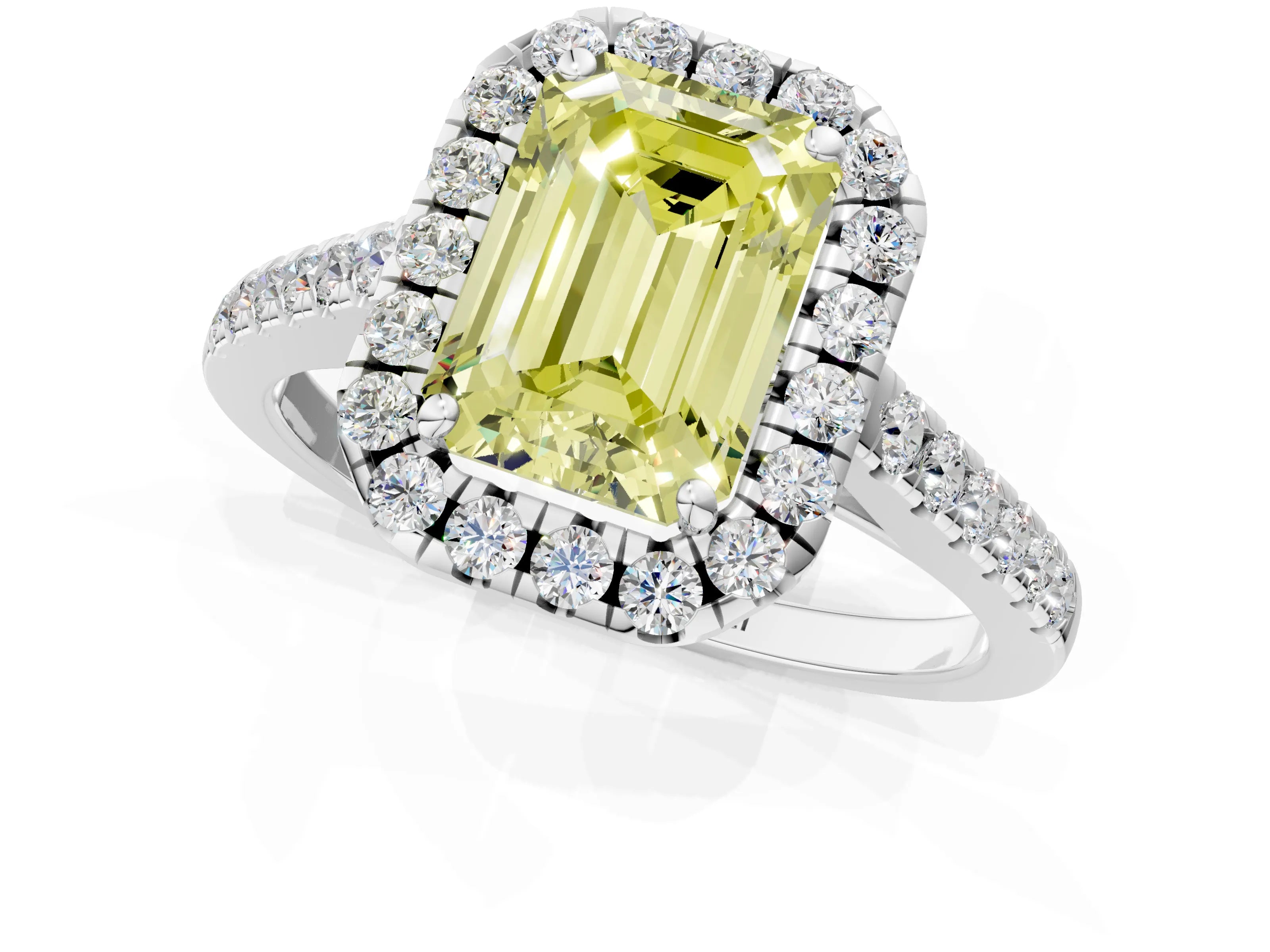White gold Fancy Yellow Emerald Cut Halo Pave Diamond Engagement Ring with Four-Prong Setting_1