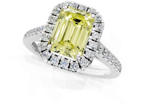 White gold Fancy Yellow Emerald Cut Halo Pave Diamond Engagement Ring with Four-Prong Setting_1