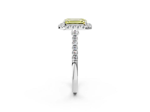 White gold Fancy Yellow Emerald Cut Halo Pave Diamond Engagement Ring with Four-Prong Setting_2