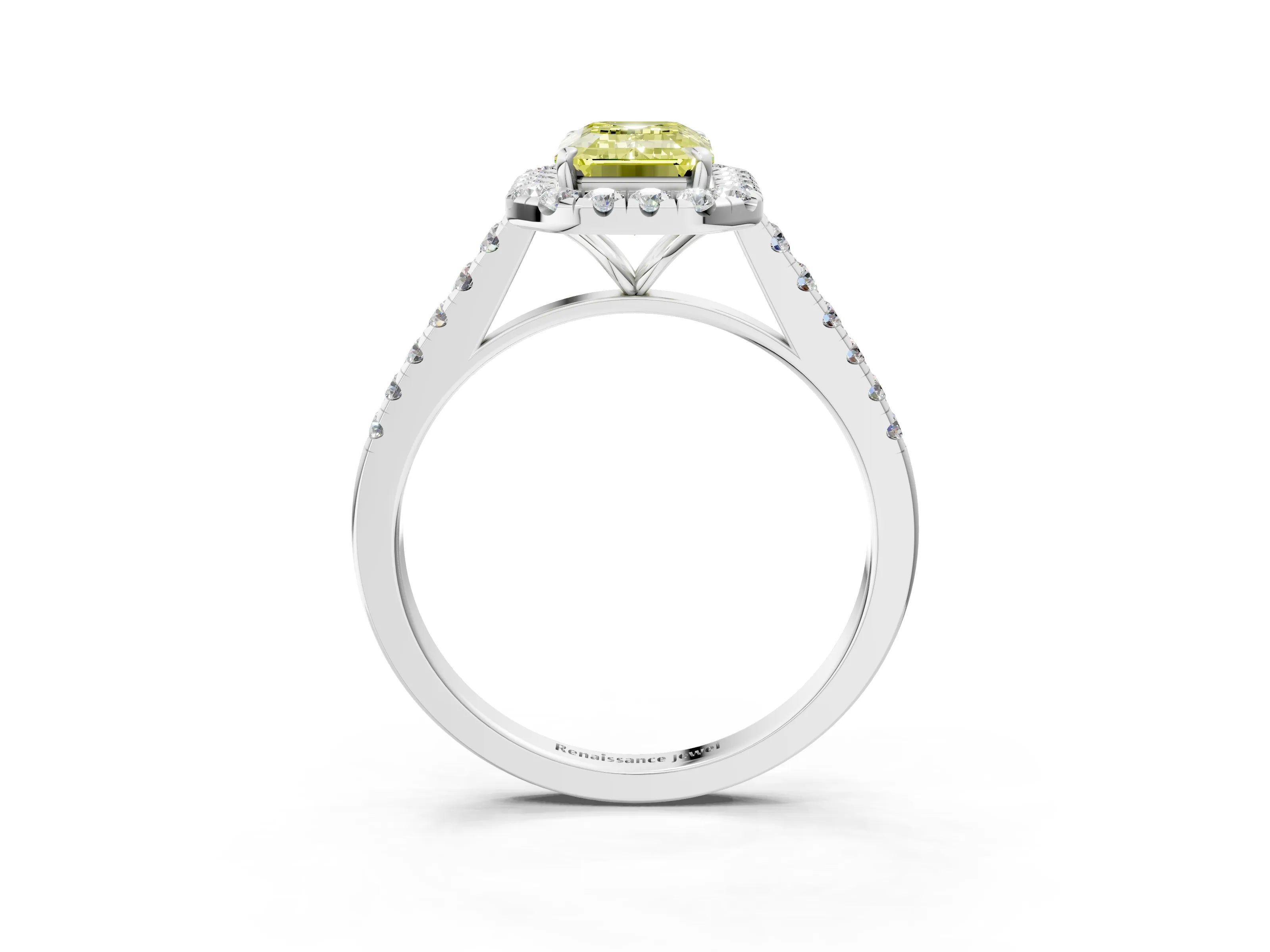 White gold Fancy Yellow Emerald Cut Halo Pave Diamond Engagement Ring with Four-Prong Setting_3