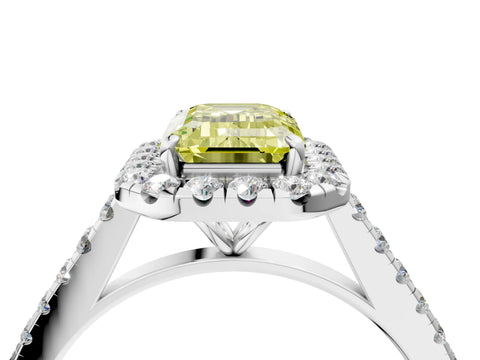 White gold Fancy Yellow Emerald Cut Halo Pave Diamond Engagement Ring with Four-Prong Setting_4
