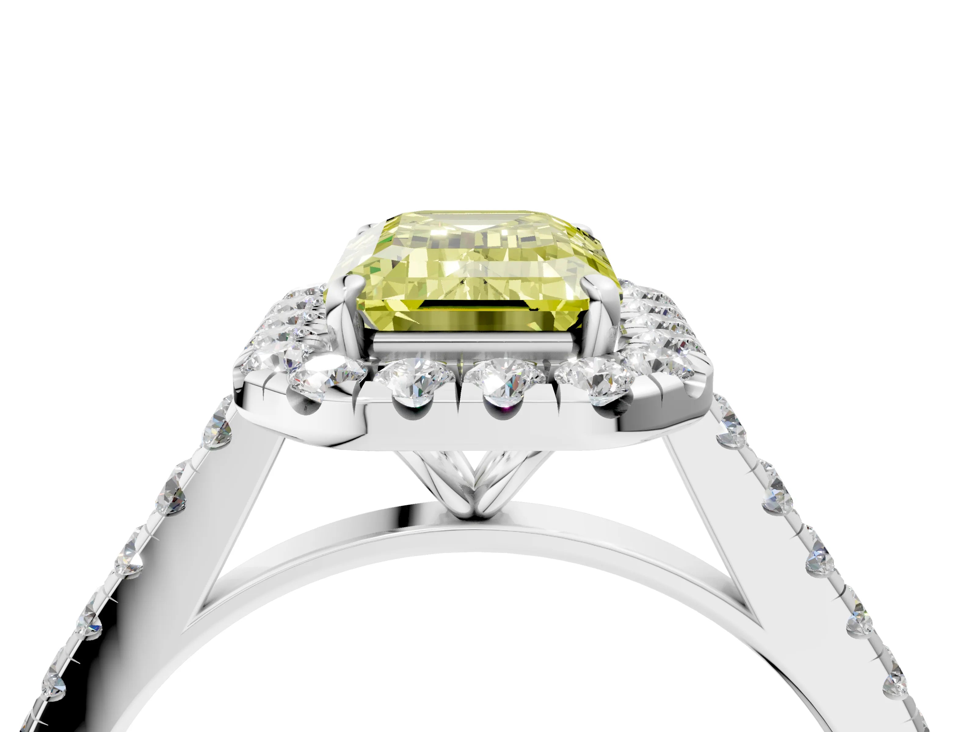 White gold Fancy Yellow Emerald Cut Halo Pave Diamond Engagement Ring with Four-Prong Setting_4