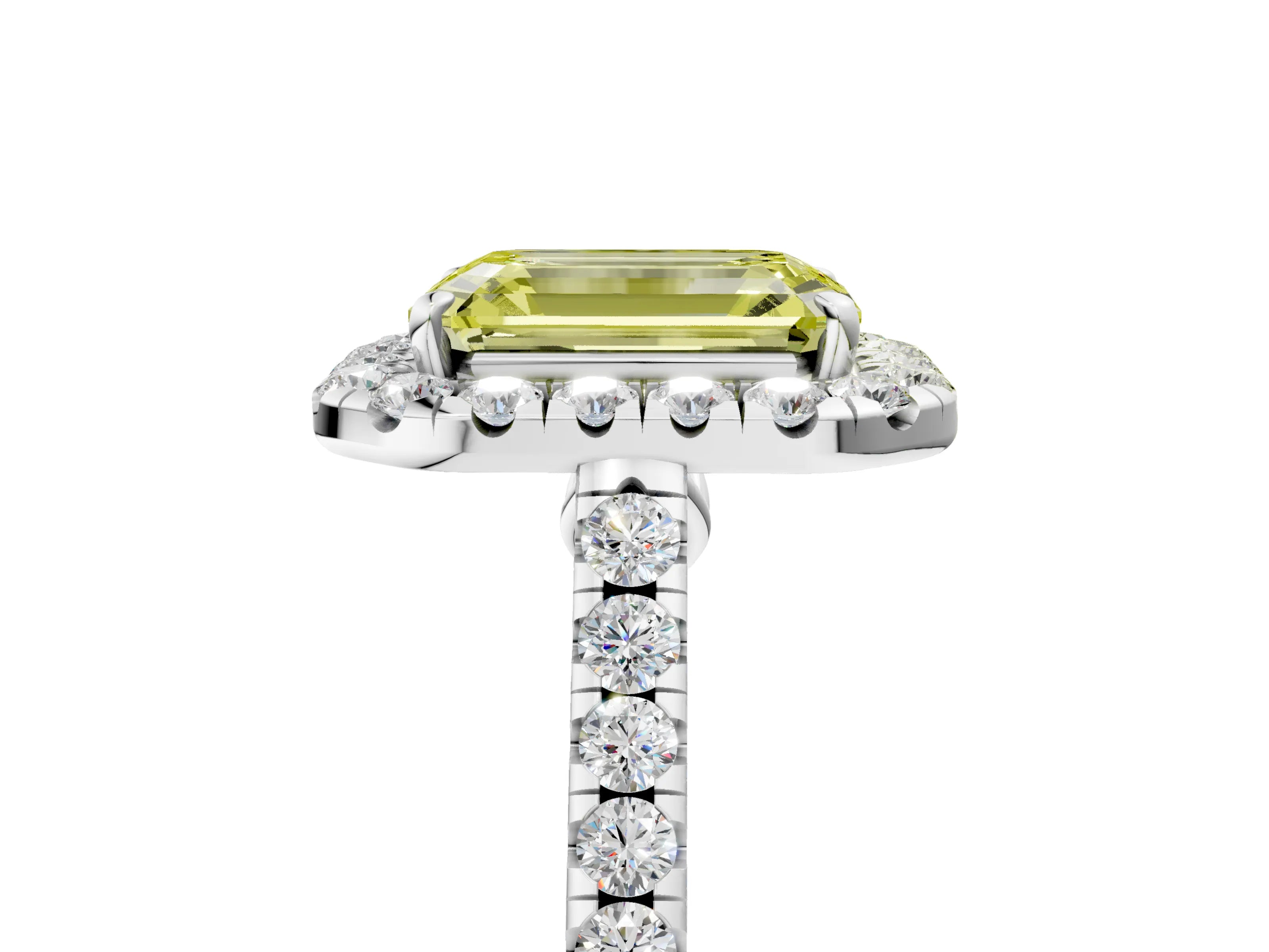White gold Fancy Yellow Emerald Cut Halo Pave Diamond Engagement Ring with Four-Prong Setting_5