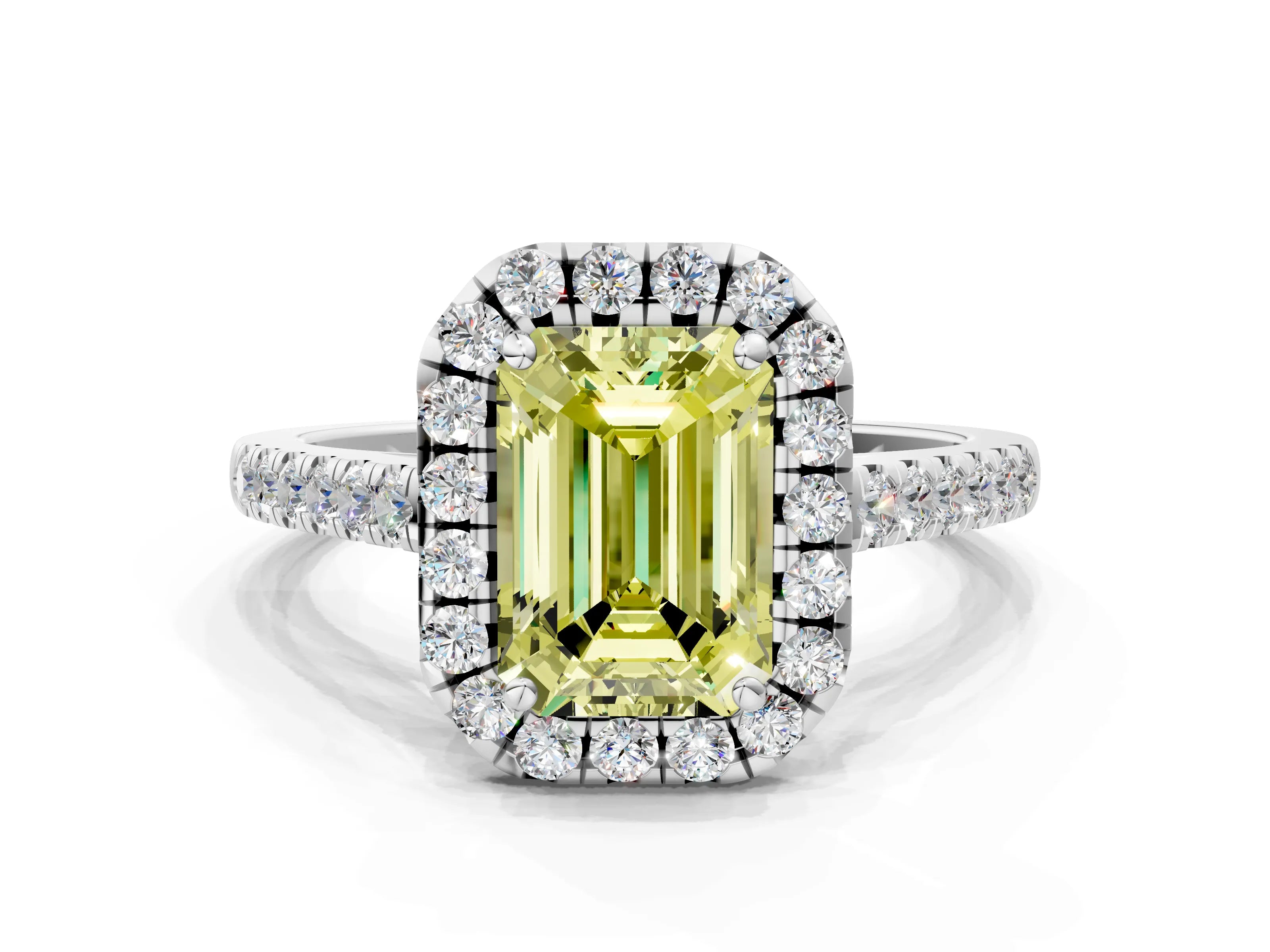White gold Fancy Yellow Emerald Cut Halo Pave Diamond Engagement Ring with Four-Prong Setting