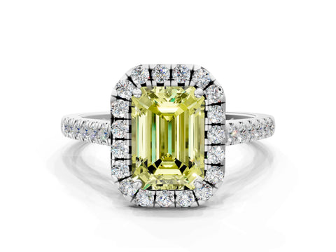 White gold Fancy Yellow Emerald Cut Halo Pave Diamond Engagement Ring with Four-Prong Setting
