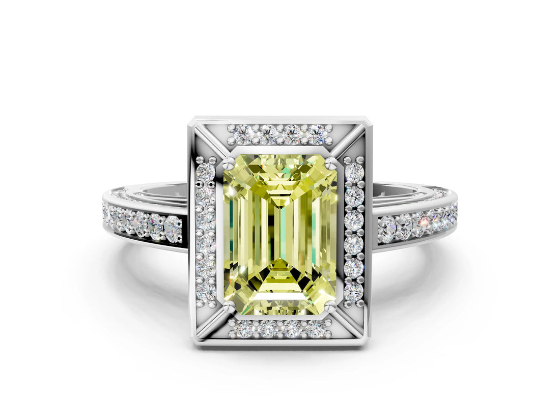 White gold Fancy Yellow Emerald  Cut Halo Pave Split Shank Prong Setting Ring_32