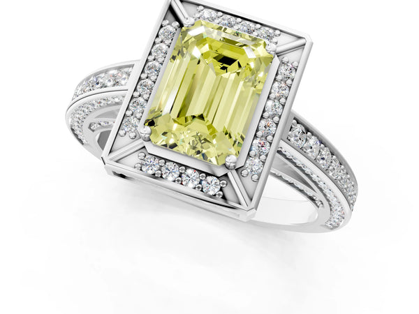 Platinum Fancy Yellow Emerald  Cut Halo Pave Split Shank Prong Setting Ring
