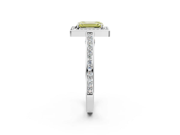 Platinum Fancy Yellow Emerald  Cut Halo Pave Split Shank Prong Setting Ring