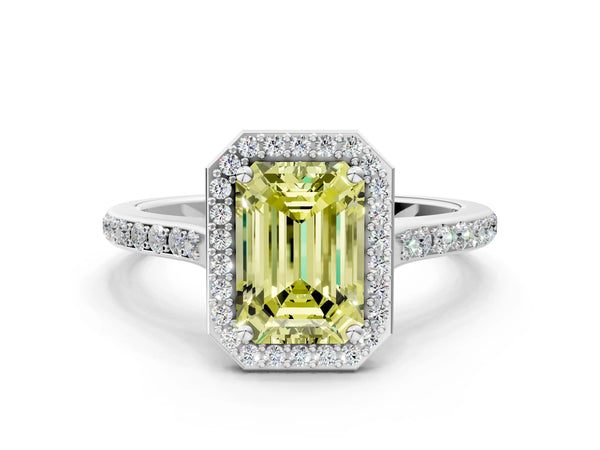 Platinum Fancy Yellow Emerald Cut Halo Round Diamond Pavé Band with Four-Prong Setting