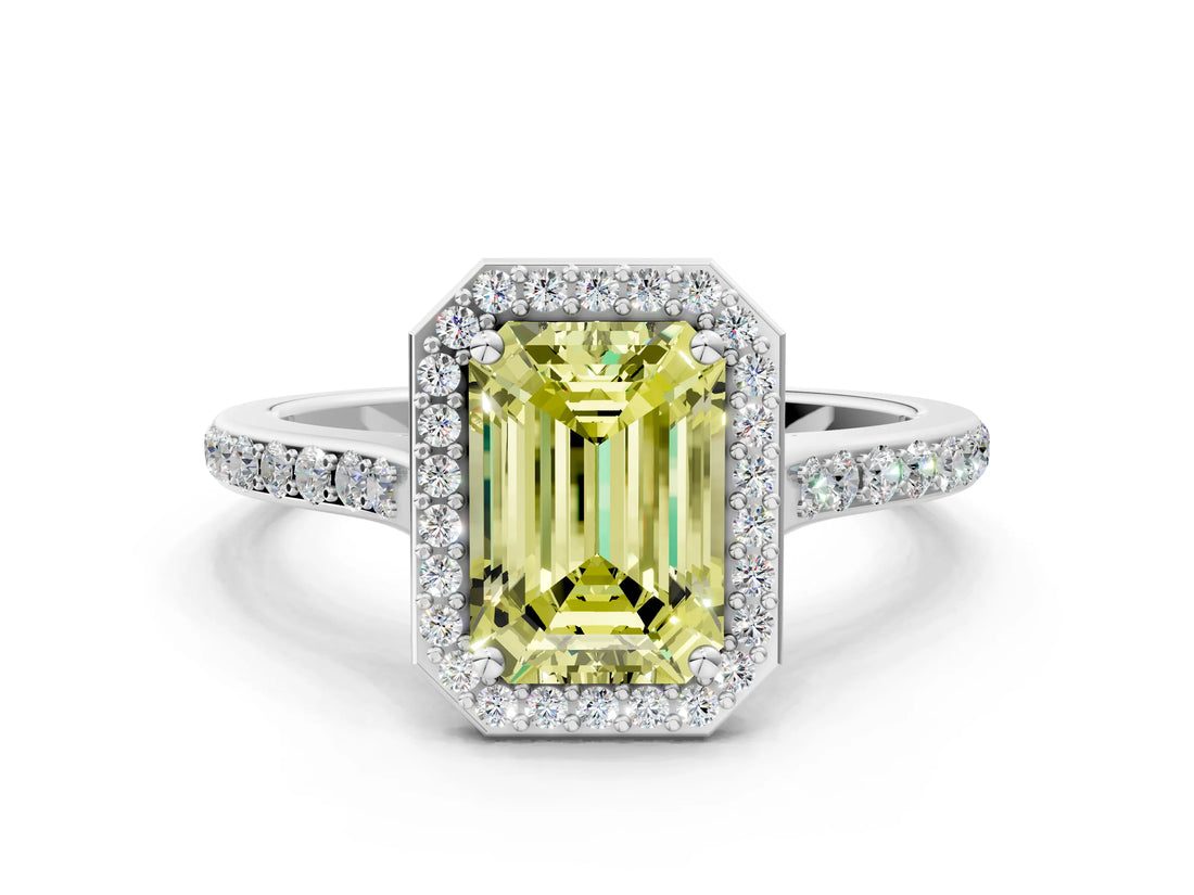 White gold Fancy Yellow Emerald Cut Halo Round Diamond Pavé Band with Four-Prong Setting_15