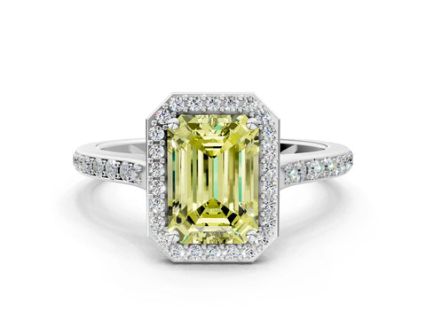 White gold Fancy Yellow Emerald Cut Halo Round Diamond Pavé Band with Four-Prong Setting_15