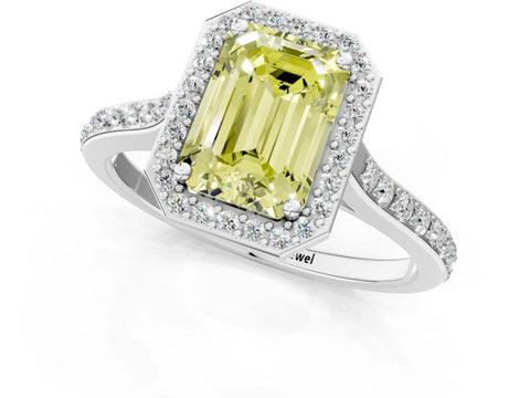 White gold Fancy Yellow Emerald Cut Halo Round Diamond Pavé Band with Four-Prong Setting_16