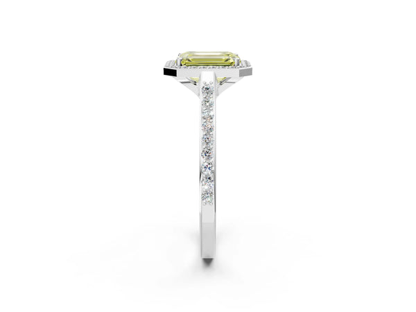 Platinum Fancy Yellow Emerald Cut Halo Round Diamond Pavé Band with Four-Prong Setting