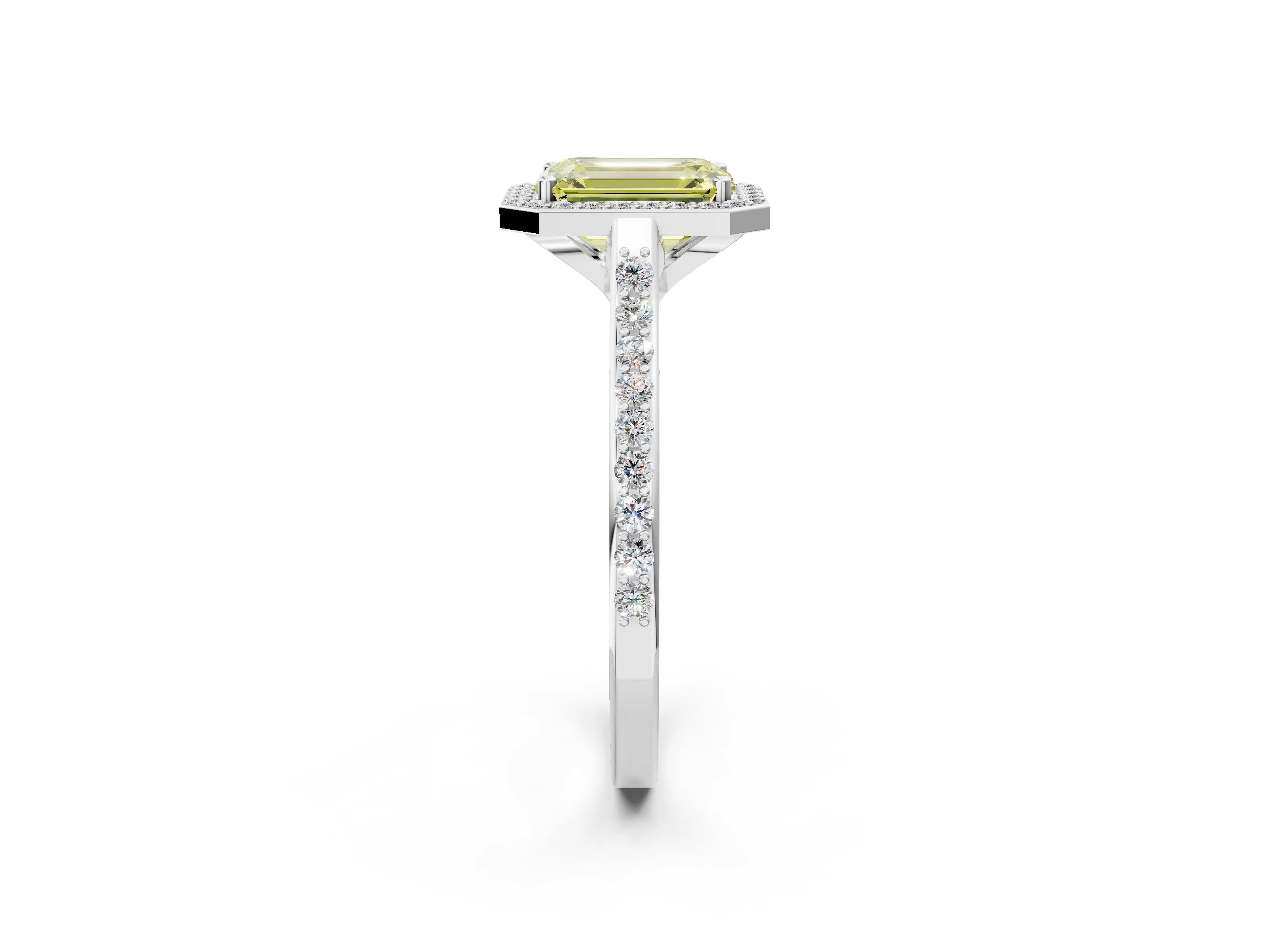 White gold Fancy Yellow Emerald Cut Halo Round Diamond Pavé Band with Four-Prong Setting_17