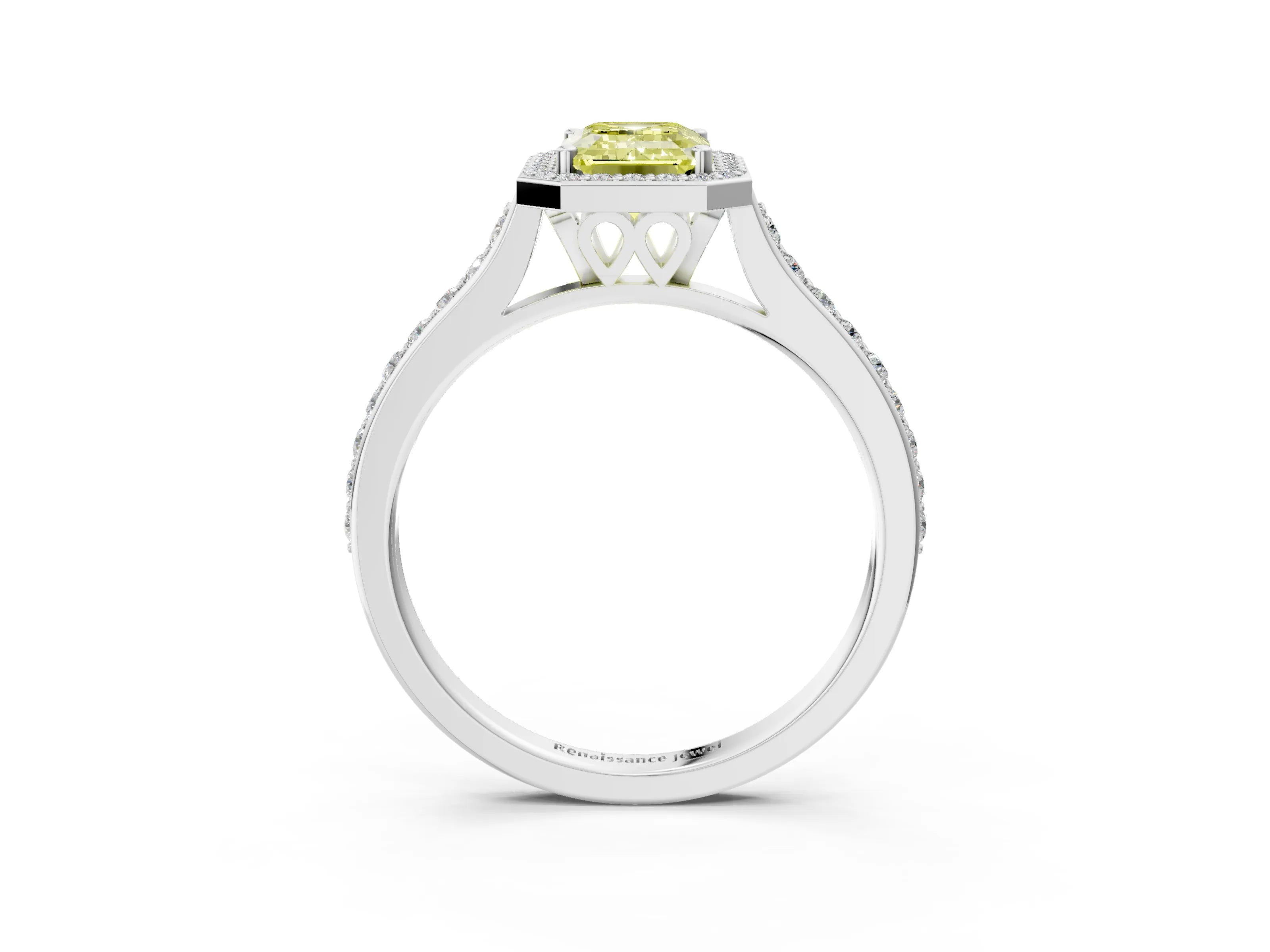 White gold Fancy Yellow Emerald Cut Halo Round Diamond Pavé Band with Four-Prong Setting_18