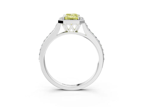 White gold Fancy Yellow Emerald Cut Halo Round Diamond Pavé Band with Four-Prong Setting_18