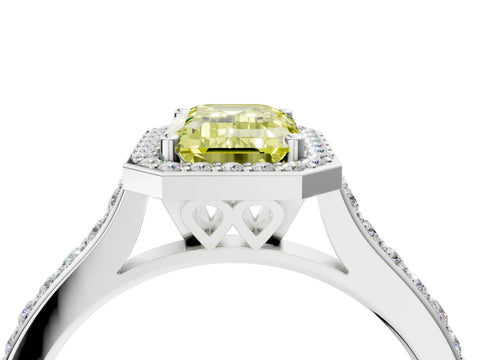White gold Fancy Yellow Emerald Cut Halo Round Diamond Pavé Band with Four-Prong Setting_19