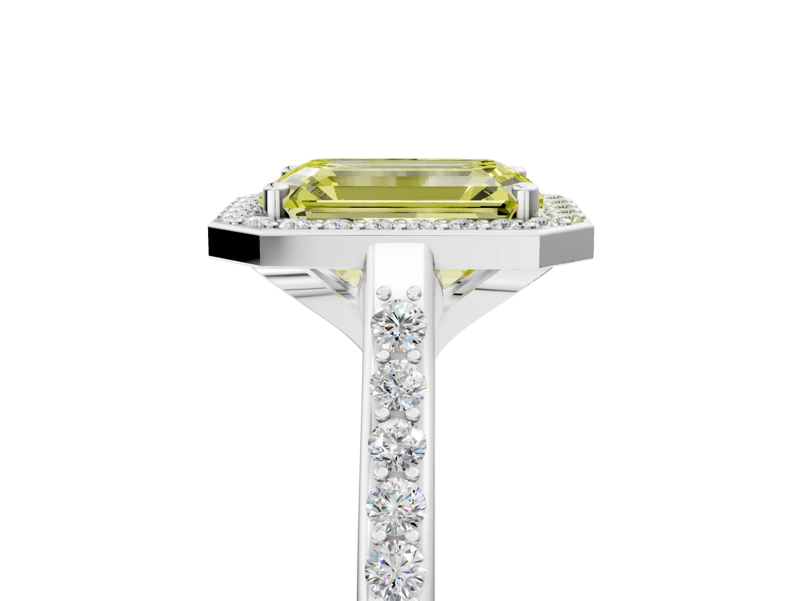 White gold Fancy Yellow Emerald Cut Halo Round Diamond Pavé Band with Four-Prong Setting_20