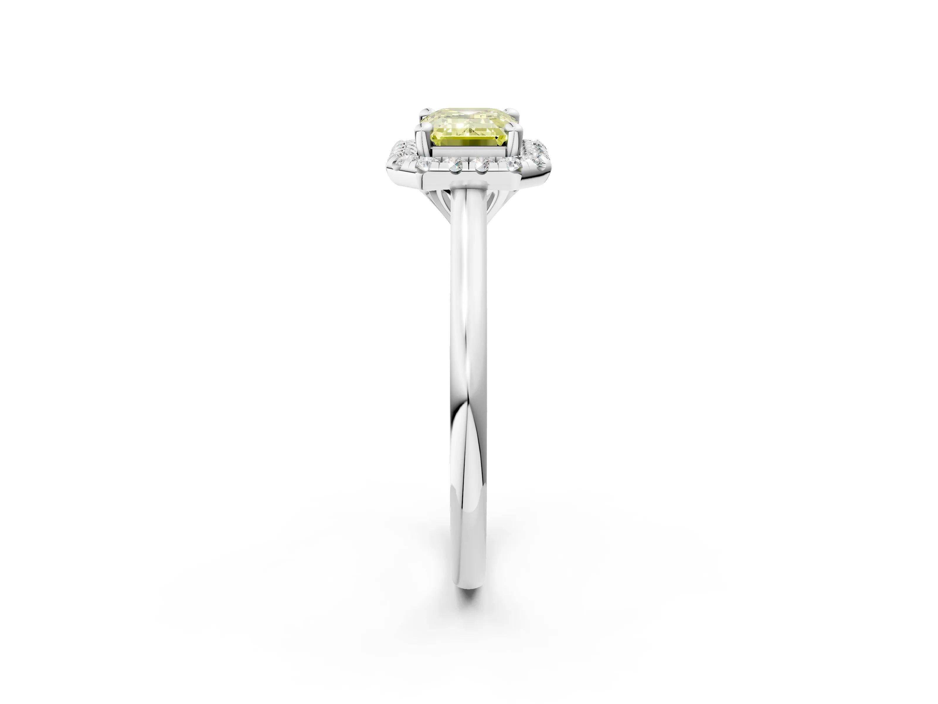 White gold Fancy Yellow Emerald Cut Halo Round Diamond Solitaire Engagement Ring with Pave Band and Four-Prong Setting_14