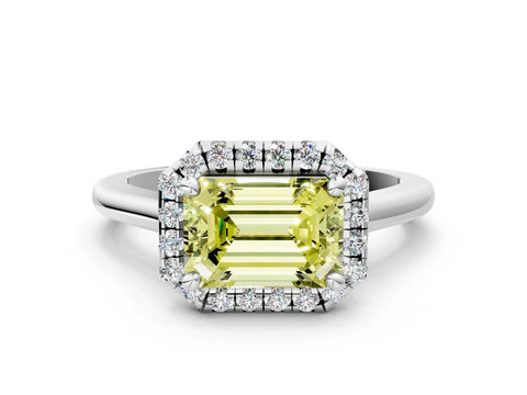 White gold Fancy Yellow Emerald Cut Halo Round Diamond Solitaire Engagement Ring with Pave Band and Four-Prong Setting_24