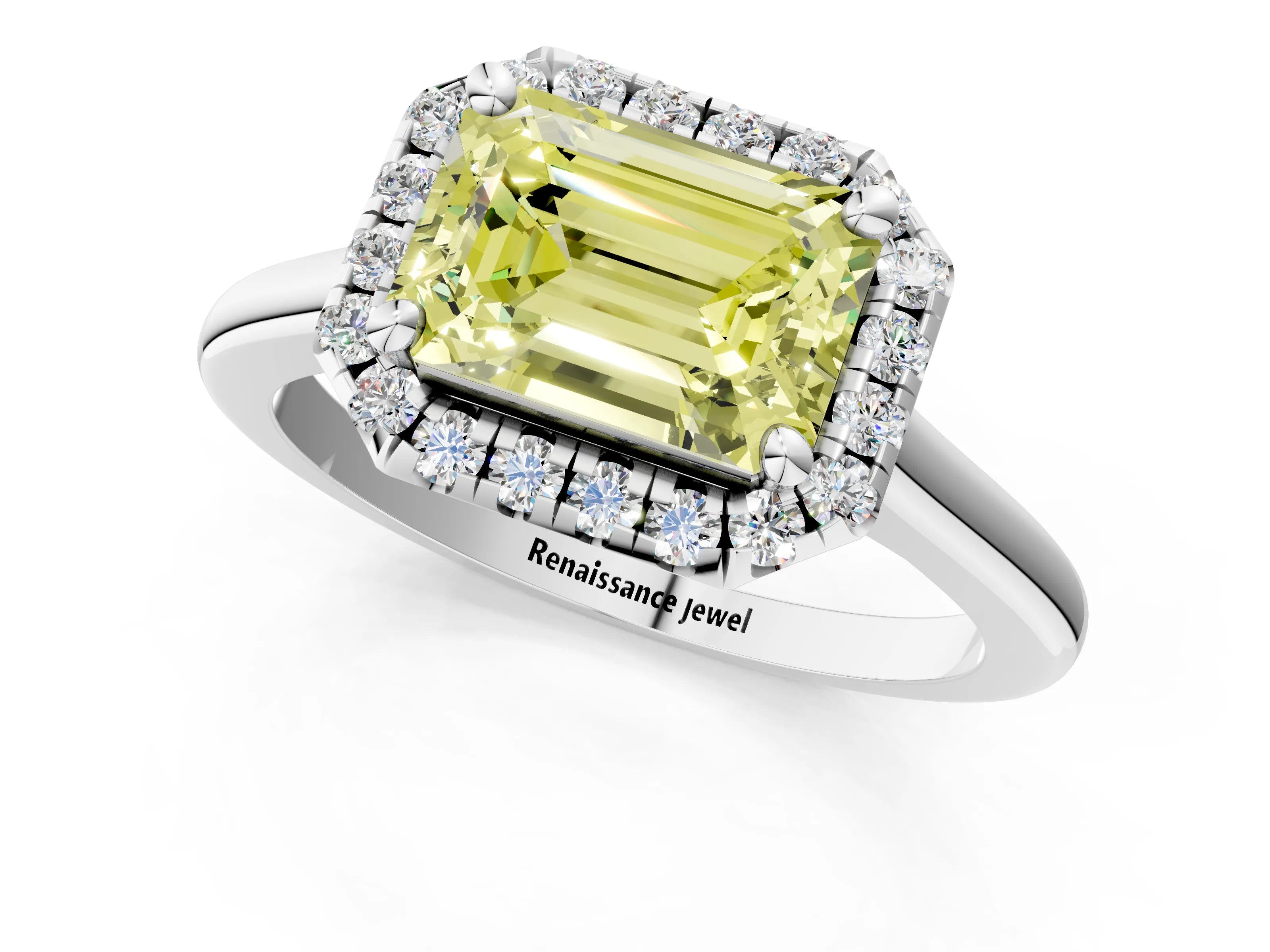 White gold Fancy Yellow Emerald Cut Halo Round Diamond Solitaire Engagement Ring with Pave Band and Four-Prong Setting_25