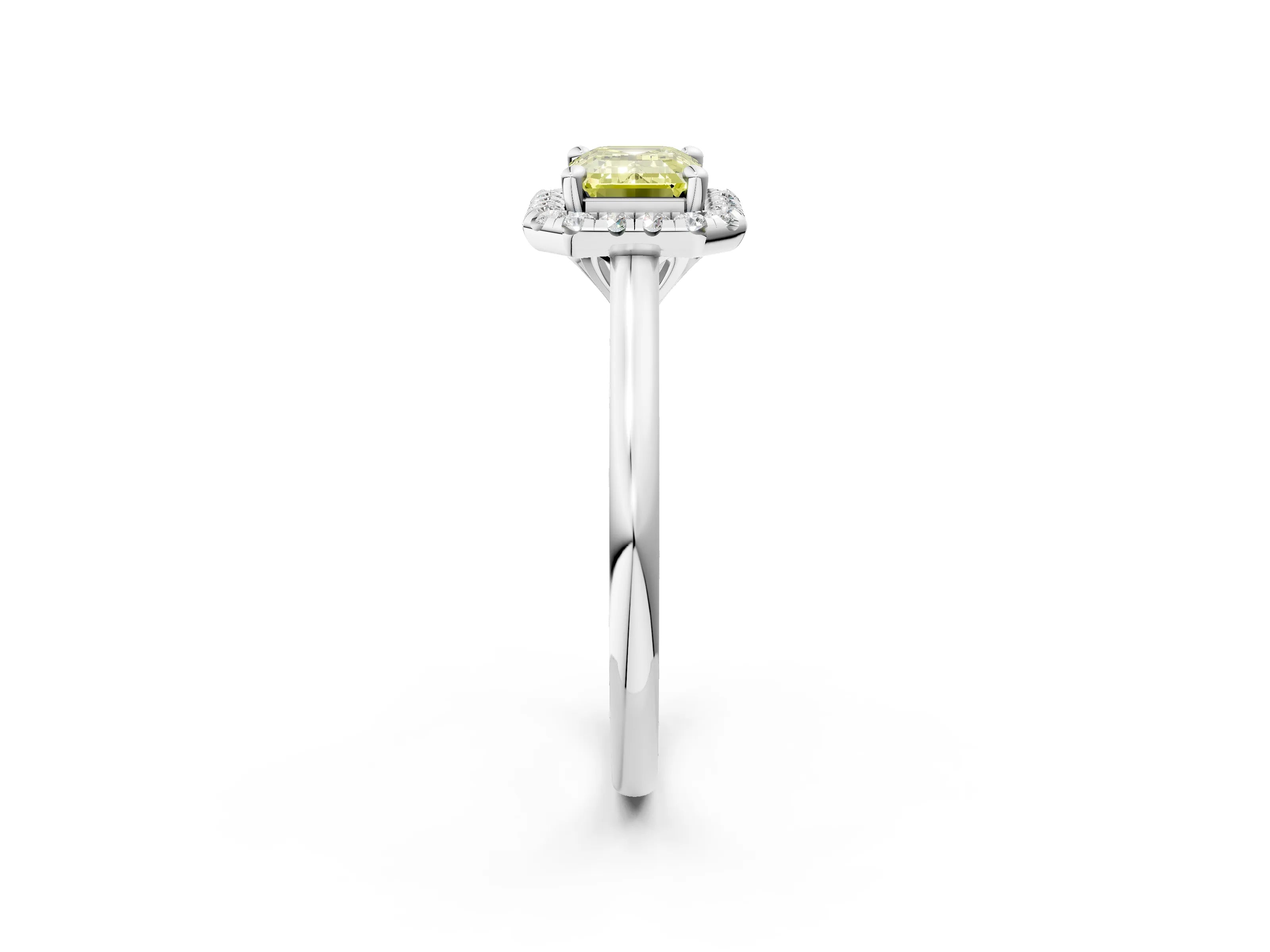 White gold Fancy Yellow Emerald Cut Halo Round Diamond Solitaire Engagement Ring with Pave Band and Four-Prong Setting_26