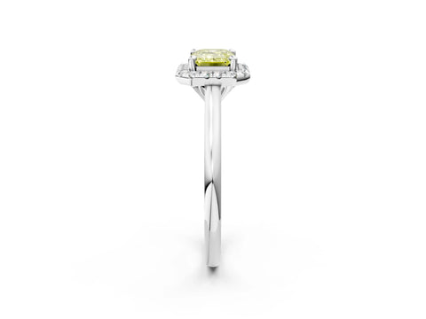 White gold Fancy Yellow Emerald Cut Halo Round Diamond Solitaire Engagement Ring with Pave Band and Four-Prong Setting_26