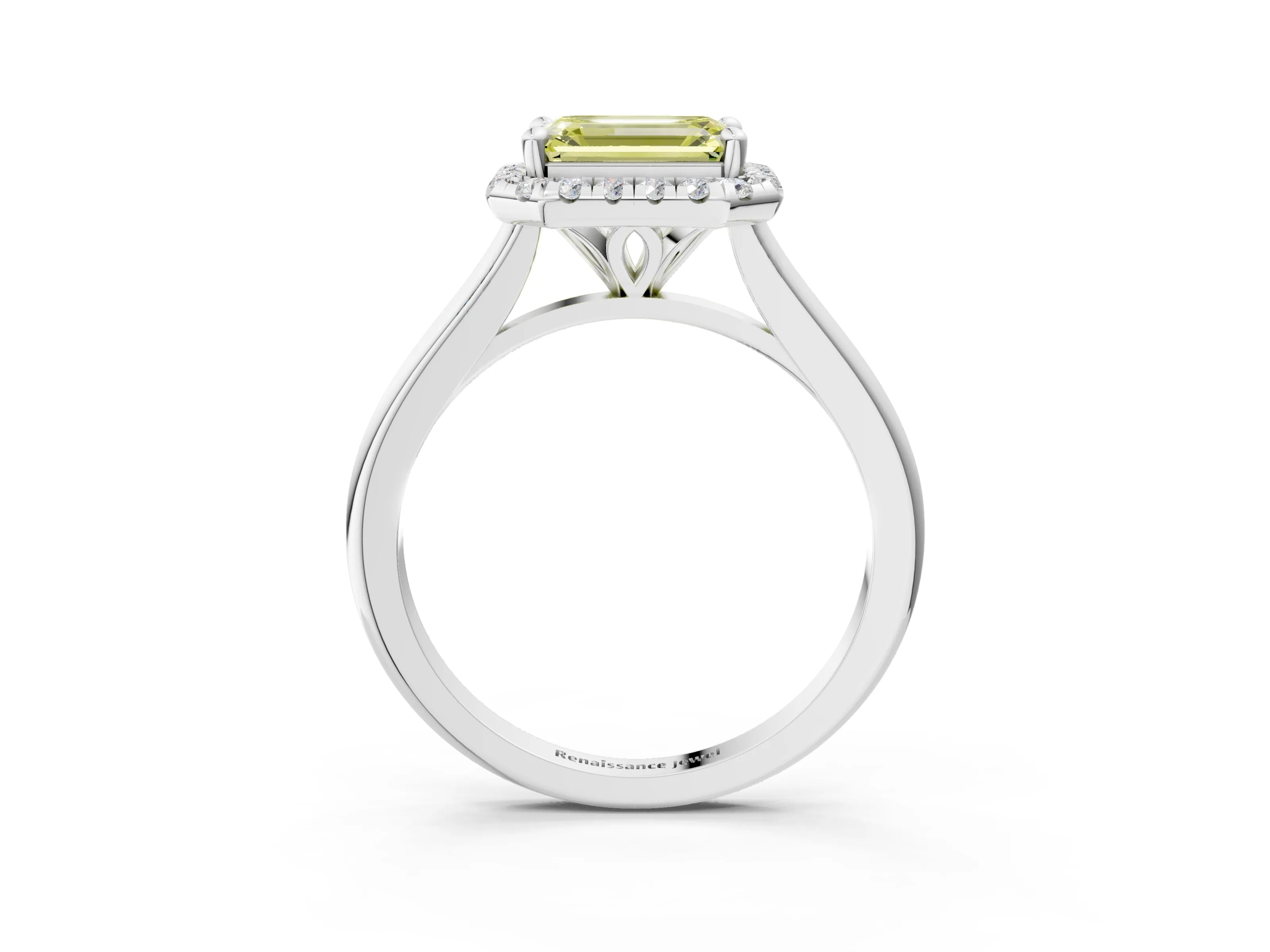 White gold Fancy Yellow Emerald Cut Halo Round Diamond Solitaire Engagement Ring with Pave Band and Four-Prong Setting_27