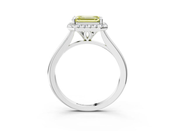 White gold Fancy Yellow Emerald Cut Halo Round Diamond Solitaire Engagement Ring with Pave Band and Four-Prong Setting