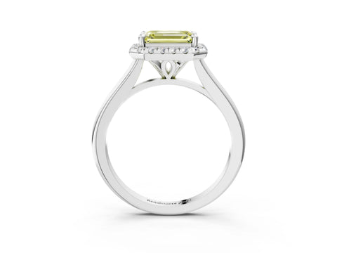 White gold Fancy Yellow Emerald Cut Halo Round Diamond Solitaire Engagement Ring with Pave Band and Four-Prong Setting_27