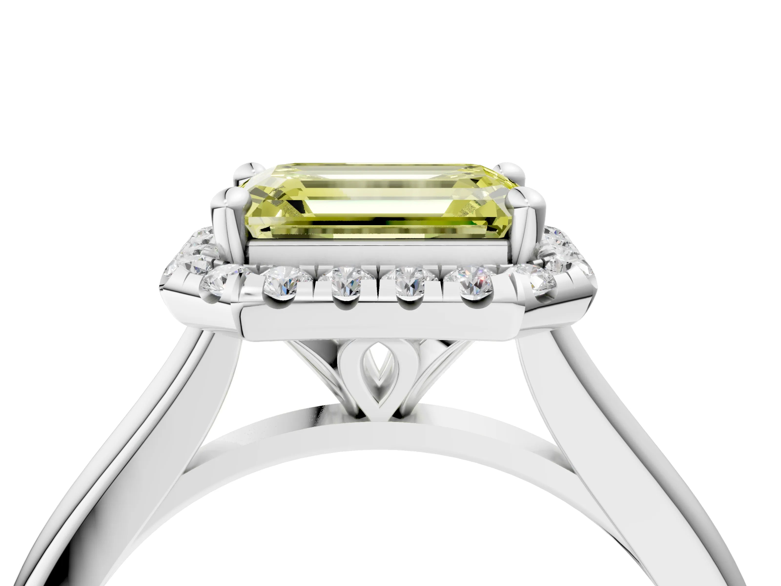 White gold Fancy Yellow Emerald Cut Halo Round Diamond Solitaire Engagement Ring with Pave Band and Four-Prong Setting_28