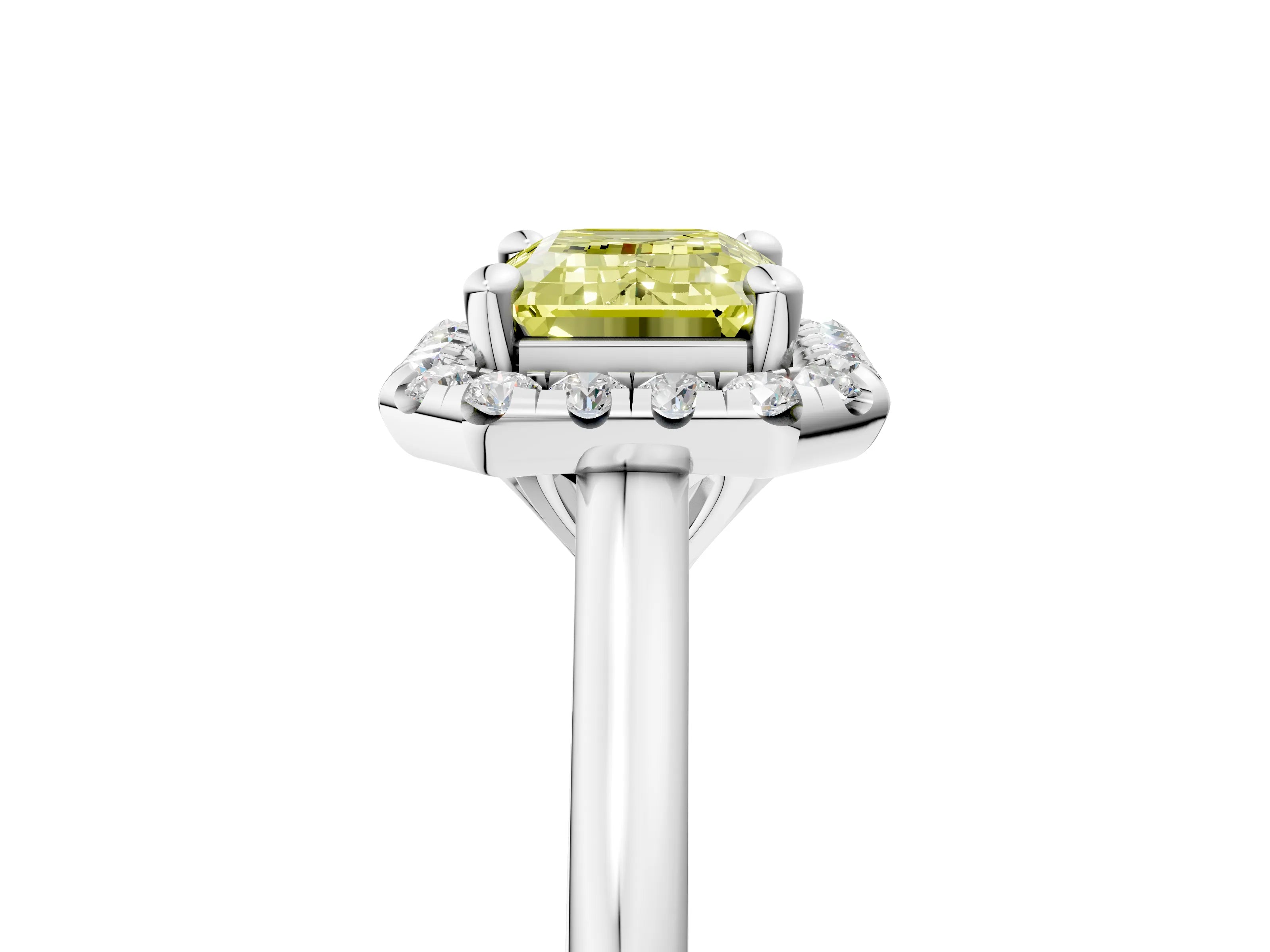 White gold Fancy Yellow Emerald Cut Halo Round Diamond Solitaire Engagement Ring with Pave Band and Four-Prong Setting_29