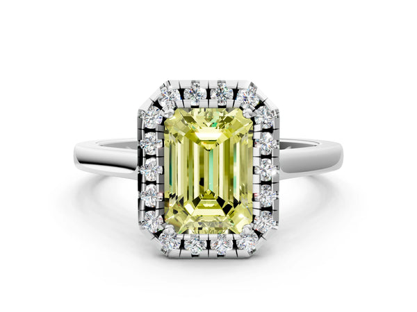 White Gold Emerald Cut Halo Engagement Ring Setting for Fancy Yellow Center with Tapered Band