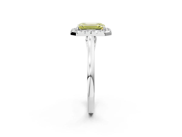White Gold Emerald Cut Halo Engagement Ring Setting for Fancy Yellow Center with Tapered Band