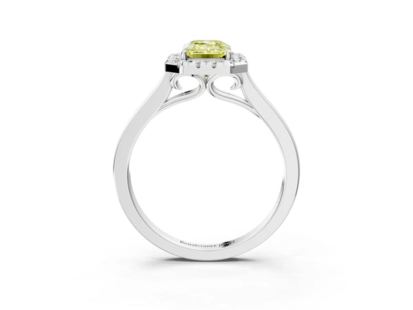 White Gold Emerald Cut Halo Engagement Ring Setting for Fancy Yellow Center with Tapered Band