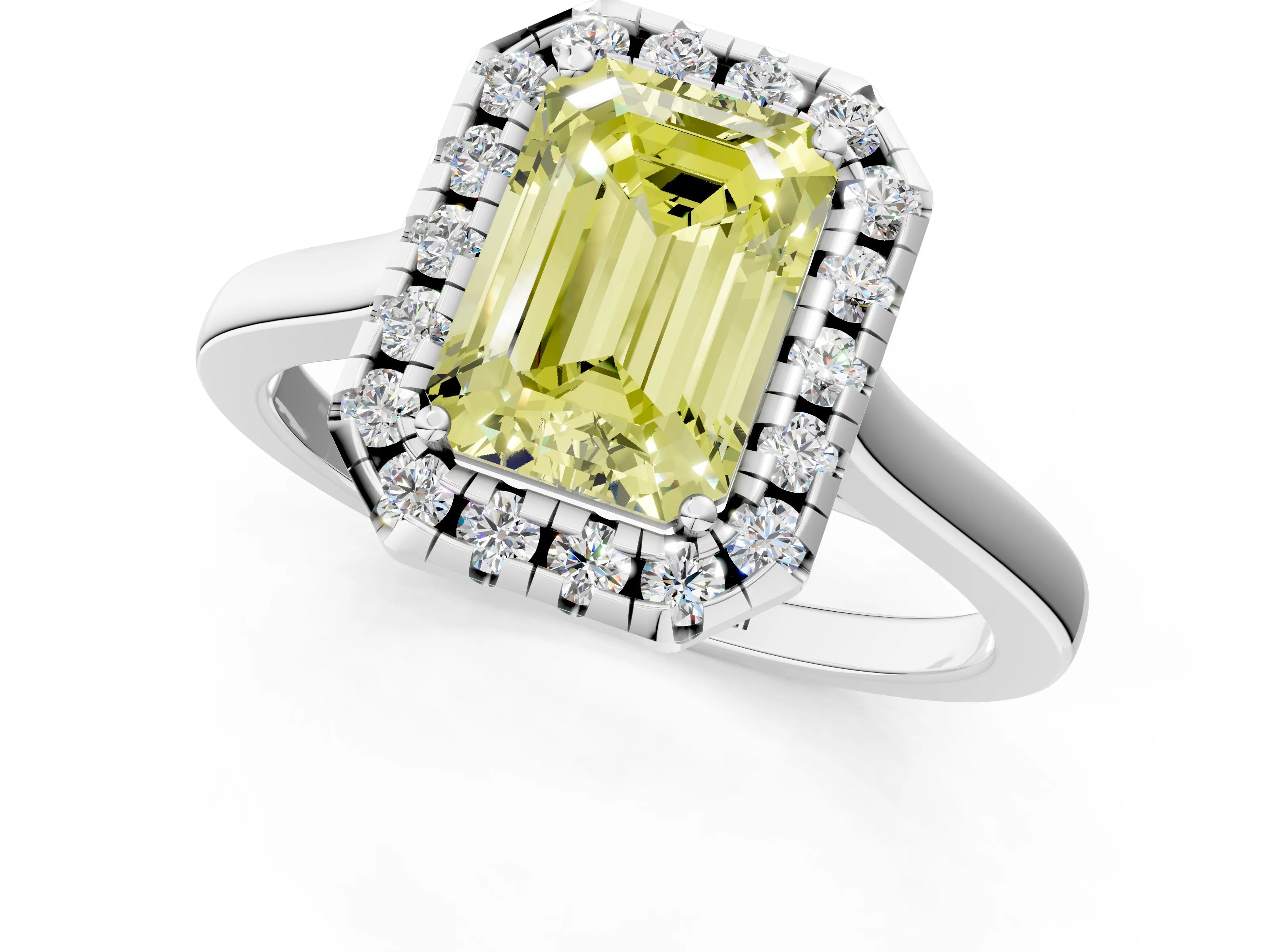 White gold Fancy Yellow Emerald Cut Halo Round Diamond Solitaire Ring with Pavé Band and Four-Prong Setting_1